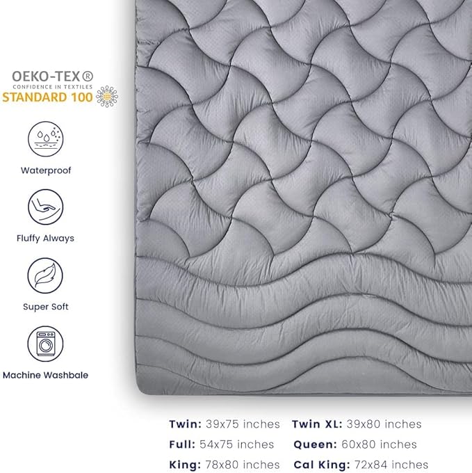 SLEEP ZONE Waterproof King Mattress Pad, Soft Mattress Topper, Fitted Mattress Protector Cover with Elastic Deep Pocket 8-21"(Gray, 78x80