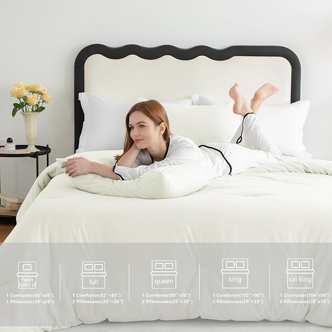 CozyLux Full Size Comforter Set Ivory, 3 Pieces Solid Breathable Quilted Bedding Sets, Luxury Lightweight Soft Bed Set with Down Alternative Comforter and 2 Pillowcases for All Seasons