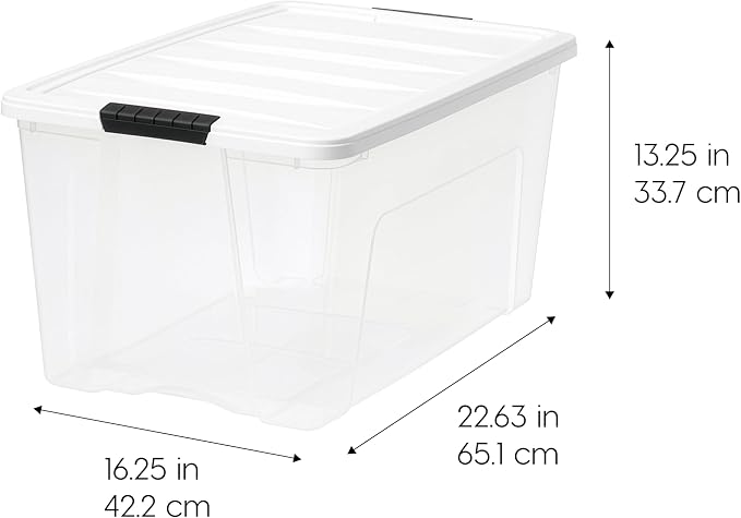 IRIS USA 72 Qt Stackable Plastic Storage Bins with Lids, 4 Pack - BPA-Free, Made in USA - See-Through Organizing Solution, Latches, Durable Nestable Containers, Secure Pull Handle - Clear/White - Image 2