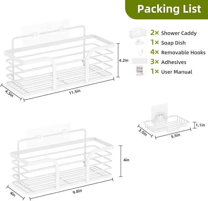 Yougai Shower Caddy, Shower Organizer with Soap Holder and Hooks, Rustproof Shower Shelves, No Drilling Bathroom Organizers and Storage, Wall-Mounted Kitchen & Home Decor (White) - Image 2
