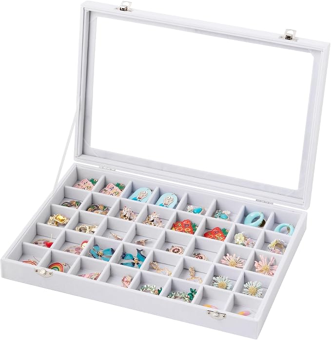 Frebeauty 40 Grid Jewelry Tray,Adjustable Earring Holder Organizer with Glass Lid,Velvet Drawer Jewelry Organizer for Rings,Studs,13.8 x 9.5 x 2 Inches Jewelry Display Box,Gift for Women(White) by Frebeauty