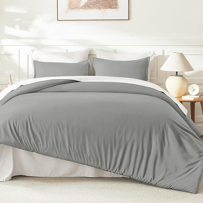 Litanika Comforters Medium Gray Oversized Queen Size, 3 Pieces Lightweight Solid Bedding Set & Collections, All Season Fluffy Bed Set (98x98In Comforter & 2 Pillowcases)