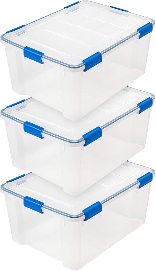 IRIS USA WeatherPro 60 Qt Storage Bins with Lids, 3 Pack, BPA-Free Plastic Gasket Box with Tight Latch and Seal, Stackable Nestable Tote Tub - Clear/Blue by IRISUSA