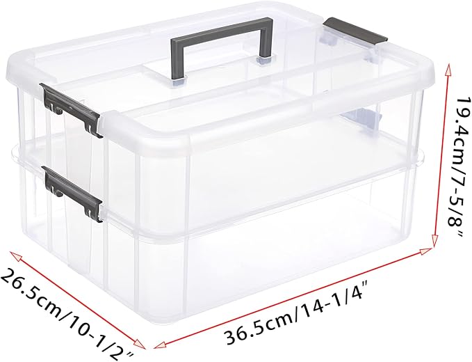 JUXYES 2-Tiers Stack Carry Storage Box With Handle, Transparent Stackable Storage Bin With Handle Lid Latching Storage Container for School & Office Supplies - Image 2