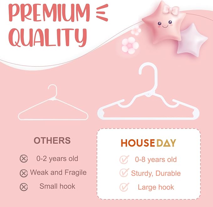 HOUSE DAY Plastic Baby Hangers for Closet 60 Pack, Durable Plastic Kids Hangers for Baby Clothes, Thin & Compact Childrens Hangers, Space Saving White Baby Hanger, Small Hanger for Kids Clothes - Image 7
