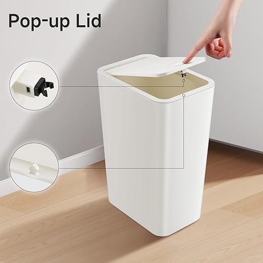 TIPGO Bathroom Trash Can with Lid, 4 Gallon / 15 Liter Small Garbage Can, Press Top Bin, Plastic Wastebasket with Pop-Up Lid for Bedroom, Living Room, Office (White, 2 Pack) - Image 3