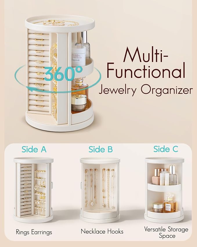 VLANDO 360°Rotating Jewelry Box,Earring Organizer Large Vertical Jewelry Organizer with 6 Necklace Hooks, Open Ring Display Storage for Women - Cream White - Image 4