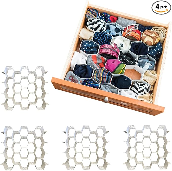 Evelots Honeycomb Drawer Organizer - Set of 4, 112 Slots, Easy Snap-Together Assembly, Adjustable & Durable Plastic Dividers, Perfect for Socks, Underwear, Ties, Accessories, and More - Customizable S by Evelots