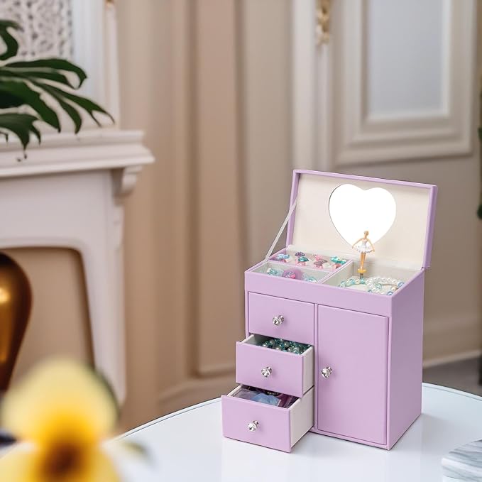 Vlando Musical Jewelry Box with Spinning Ballerina, Girls’ Jewelry Organizer for Necklaces Rings and Hair Accessories, Gift for Girls and Kids, Purple - Image 4