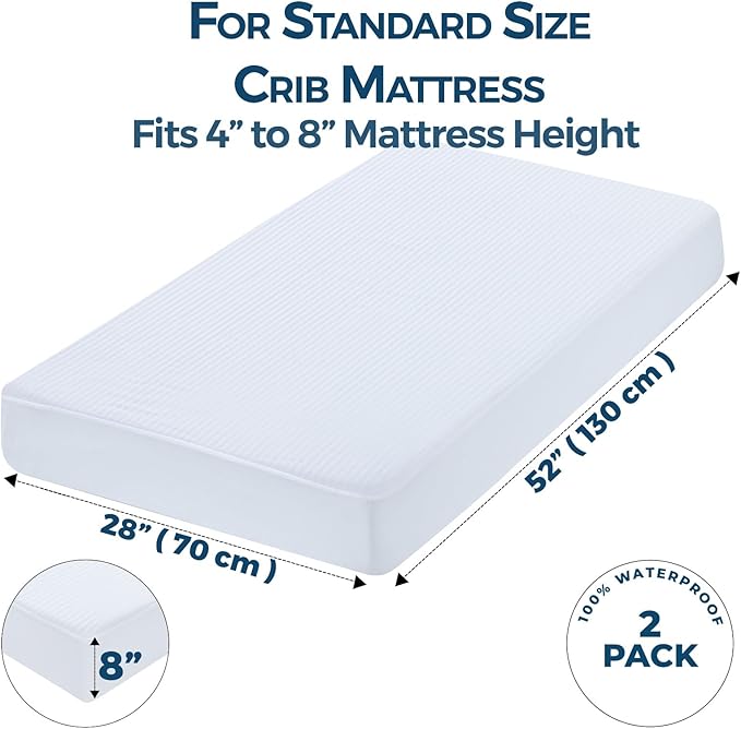 Dreamology Crib Mattress Protector Waterproof,Crib Mattress Pad Cover,2 Pack,100% Waterproof, Noiseless & Machine Wash Standard Mattress Protector Sheet,Quilted Mattress Protector, 52" x 28"