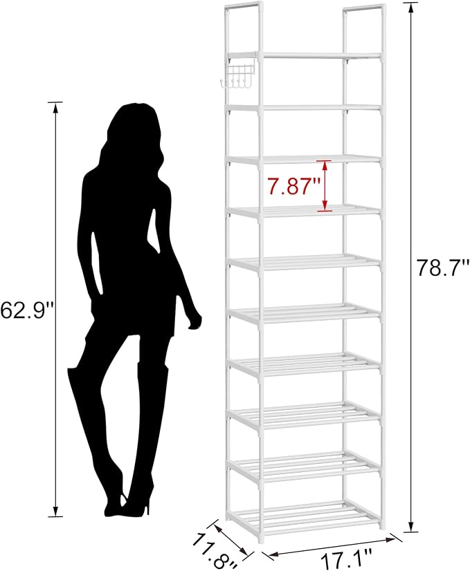 Metal Shoe Rack Organizer 10 Tiers, 20-24 Pairs Narrow Tall Shoe Racks for Closets Entryway - Vertical Boots Organizer Storage - Sturdy Shoe Shelf Cabinet White - Image 3