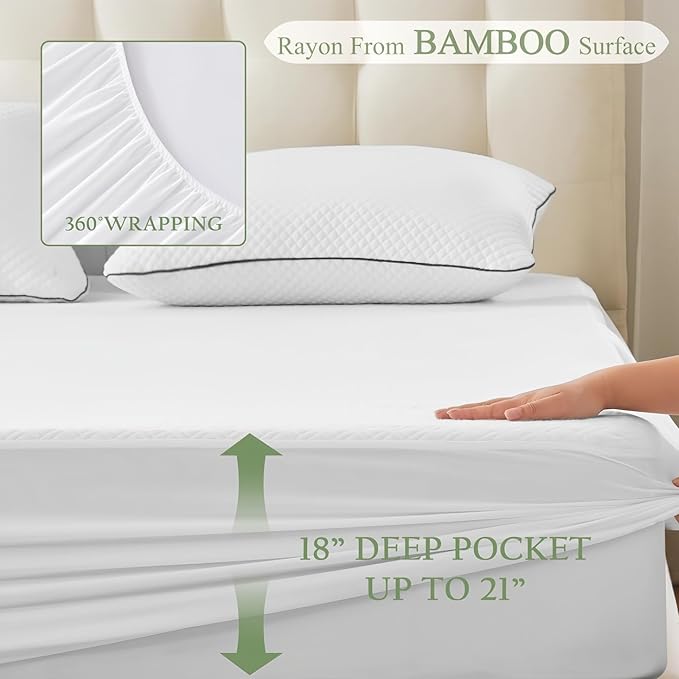 Full Size Waterproof Mattress Protector Viscose Derived from Bamboo, Soft Mattress Cover Fitted with Deep Pocket 8"-21", Breathable Noiseless 3D Air Mattress Pad, Machine Washable (White)