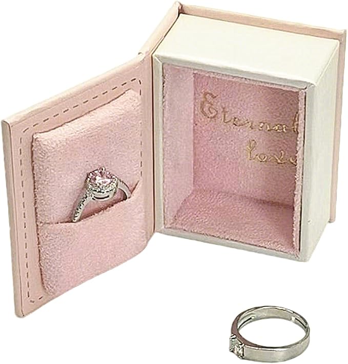 Book Shaped Ring Box - Vintage Engagement Ring Box with Hinged Lid for Proposal Engagement Wedding, Proposal Ring Case -PRB016-Pink - Image 4