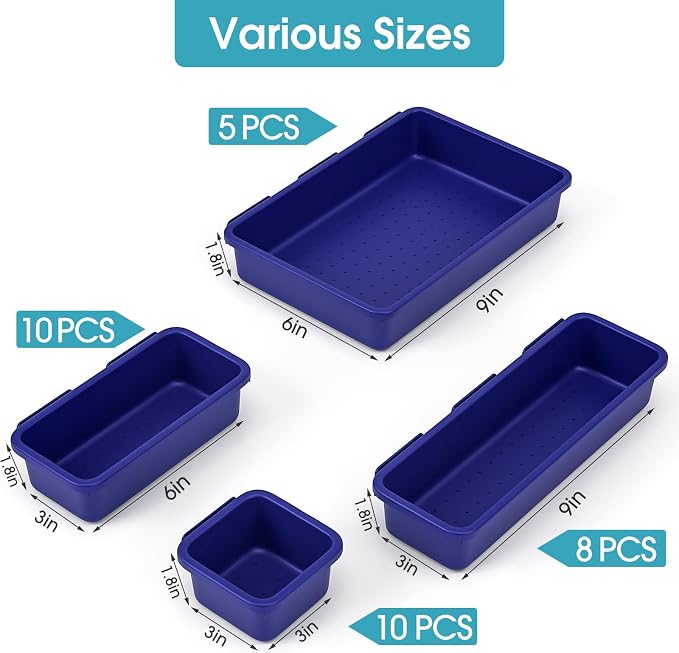 33 PCS Drawer Organizer Set, 4 Size Makeup Drawer Divider Organizer With Non-Slip Pads, Interlocking Plastic Storage Bins for Office,Jewelry Vanity,Gadgets, Bathroom,Kitchen, Navy - Image 2