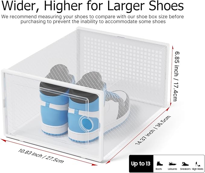Kuject XX-Large Shoe Storage Boxes Organizers Clear Plastic Stackable 12 Pack, Shoe Rack & Holder Substitute, Sneaker Containers, Shoe Storage Organizer Bins for Closet, Under Bed,White(No Fold Line) - Image 2