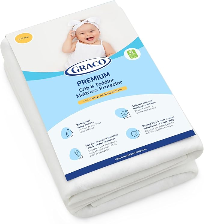 Graco Premium Waterproof Crib and Toddler Mattress Protector (2 Pack) – GREENGUARD Gold Certified, Machine-Washable & Dryer-Friendly, Waterproof Sleep Surface, Fits Crib & Mattress