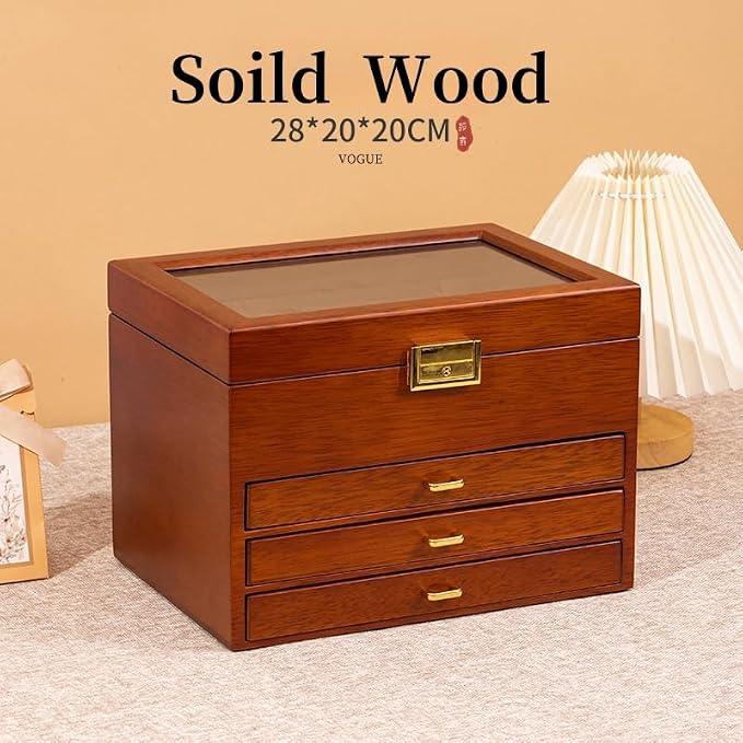 Walnut Wood Jewelry Box, 4-Tier Soild Wood Jewelry Box with 3 Drawers Large Storage Lockable Jewelry Organizer with Glass Lid Christmas Gifts for Necklaces Rings Earring Watches Bracelets - Image 5