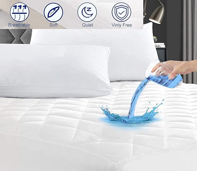 Waterproof Quilted Fitted Mattress Protector Pad Deep Pocket - Elastic Fitted Fluffy Non Noisy Mattress Protector- Extra Deep Packet (King, White)