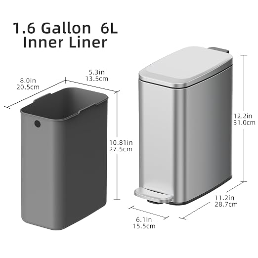 KUK Slim Bathroom Trash Can with Lid, 1.6 Gal / 6L Stainless Steel Small Garbage Bin with Detachable Inner Bucket, Step Pedal, Silent Close, Wastebasket for Toilet, Bedroom, Home, Office (Silver) - Image 6