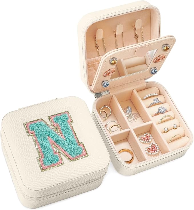 SANDJEST Personalized Jewelry Box, White Travel Jewelry Box with Initial N, Small Monogrammed Jewelry Case Organizer for Girls Women Teen Kids, Mini Travel Essentials Gifts for Birthday Christmas by SANDJEST
