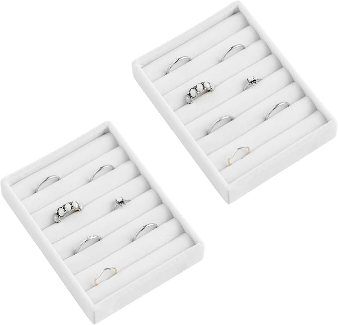 Frebeauty Stackable Jewelry Trays,Small Jewelry Organizer for Drawer,7 Slots Velvet Ring Organizer for Women,4.92 x 3.74 x 0.9 Inches(Set 2,White) by Frebeauty