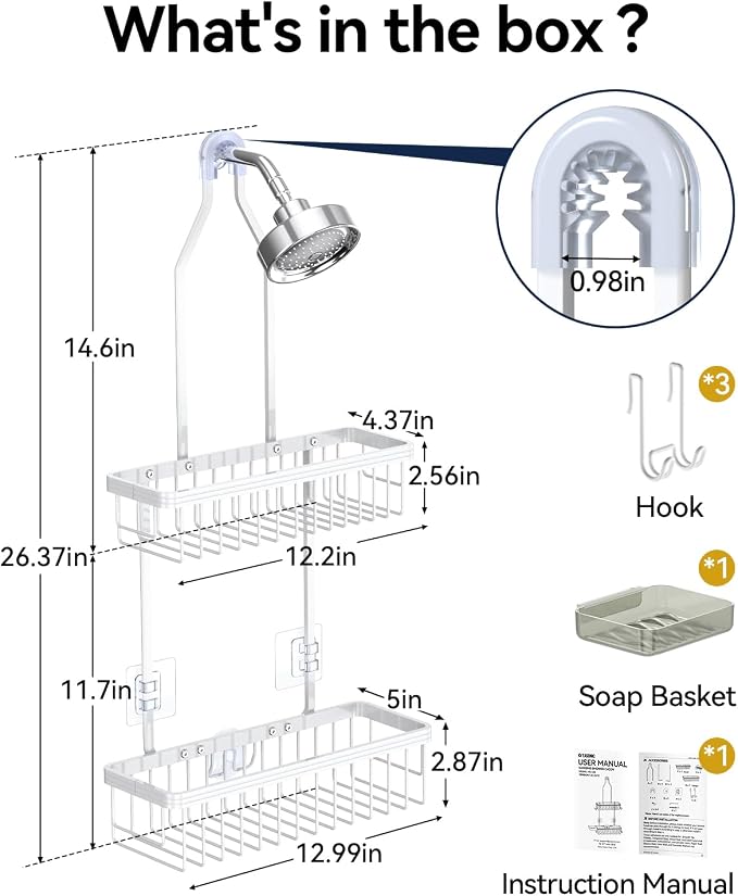 YASONIC Shower Caddy Hanging, Never Rust Shower Organizer Hanging, Aluminum Shower Racks for Inside Shower with Hooks for Razor, Bathroom Organizers and Storage with Soap Holder, White - Image 2