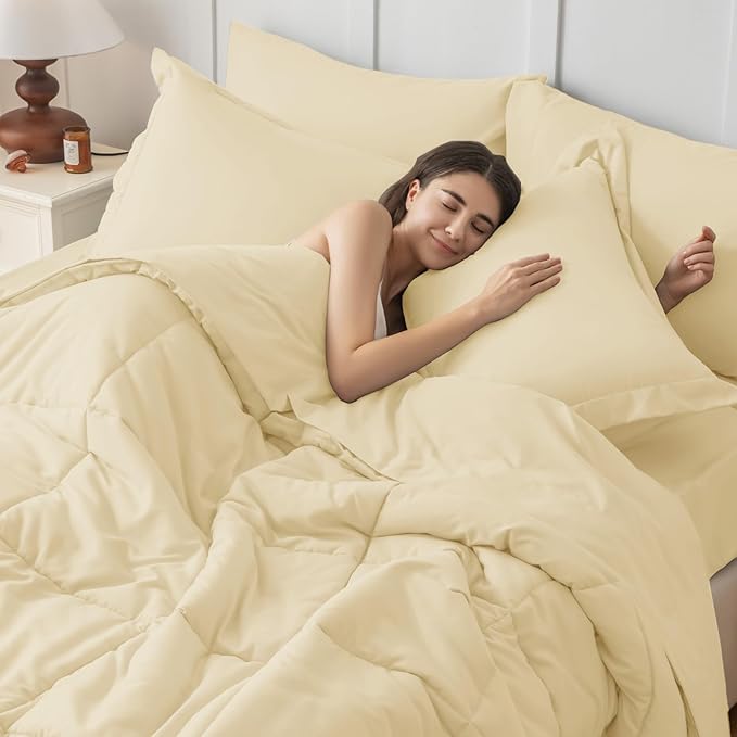 JOLLYVOGUE Twin XL Comforter Set, Ultra-Soft Bed in a Bag Twin XL Size 5 Pieces, Oeko-TEX Certified Bedding Set with Down Alternative Comforter, Sheets, Pillowcases & Shams, Light Yellow