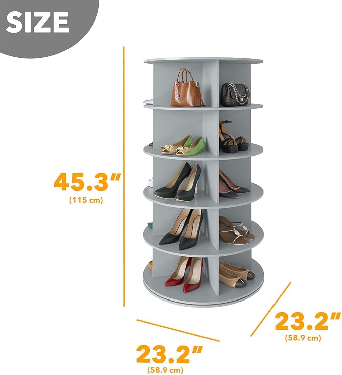 SpaceAid 5 Tier Rotating Shoe Rack Tower, Spinning Shoe Display Lazy Susan, Revolving 360 Shoe Rack Storage Round Carousel, Vertical Handbag Rotate Shoes Closet Organization (5-Tier Gray) - Image 2