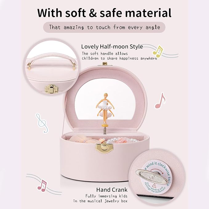 VLANDO Musical Jewelry Box for Girls, Small Kid Music Box with Ballerina for Party Bedroom Decor, Bithday Gift for Girl - Light Pink - Image 6
