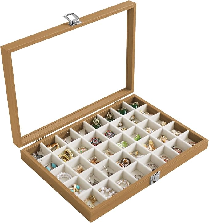 Stratalife Jewelry Organizer 40 Grid Jewelry Trays with Clear Lid Wood Earring Organizer Ring Holder Accessories Box Necklaces Earrings Storage for Women Drawers Vintage Style Beige by Stratalife