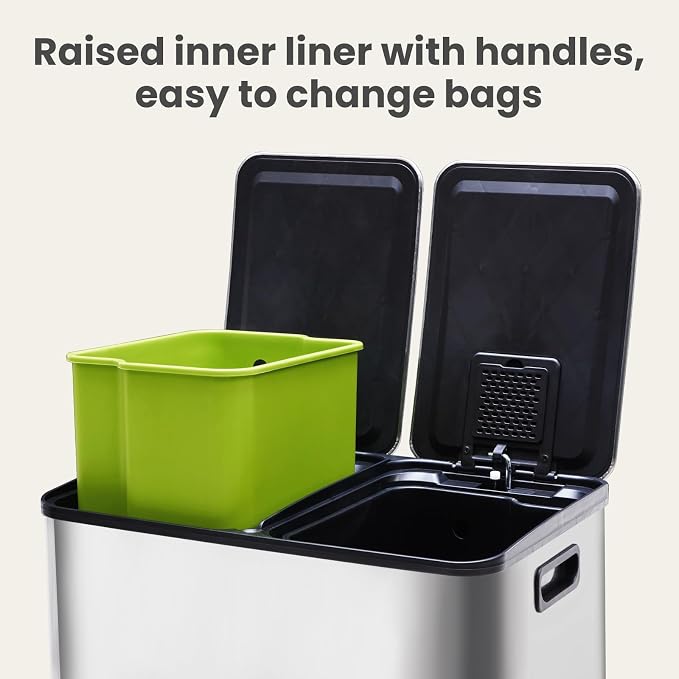DUMOS Kitchen Trash Can, 2×8-Gallon Garbage Can with Lid, Stainless Steel Trash Bin with 2 Removable Inner Buckets, Soft-Close Foot Pedal, Fingerprint-Resistant for Kitchen Home Office - Image 3