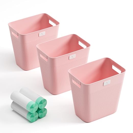 JOYMOOP Slim Trash Can 3-Pack, 2.9 Gallon Plastic Wastebasket for Bathroom, Bedroom, Office, Kitchen with 4 Rolls Bags, Pink by JOYMOOP
