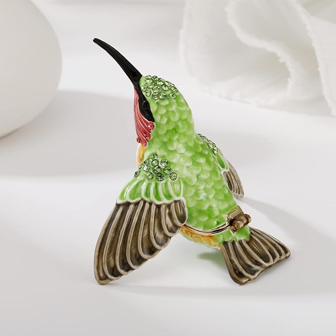 Hand Painted Enamel Hummingbird Trinket Box for Home Decor, Hinged Jewelry Organizer for Ring Earrings, Unique Figurine Keepsake Collectible Personalized Handmade Ornament Gifts (Green Hummingbird-1) - Image 4