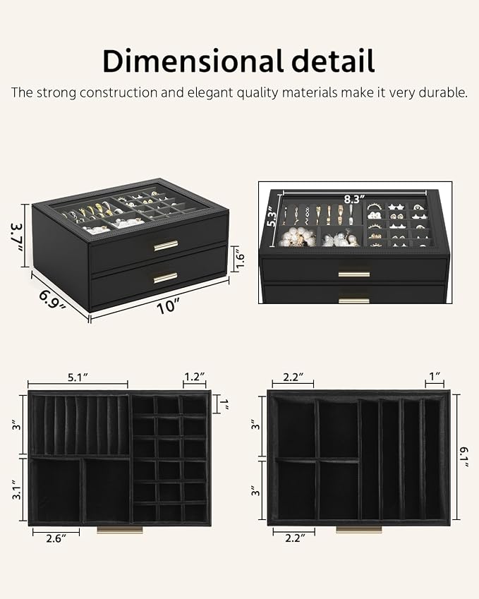 AKOZLIN Jewelry Box with Clear Lid Functional Leather Jewelry Storage Organizer Case 2 Drawers for Women Girls Necklace Ring Bracelet Earring - Image 3