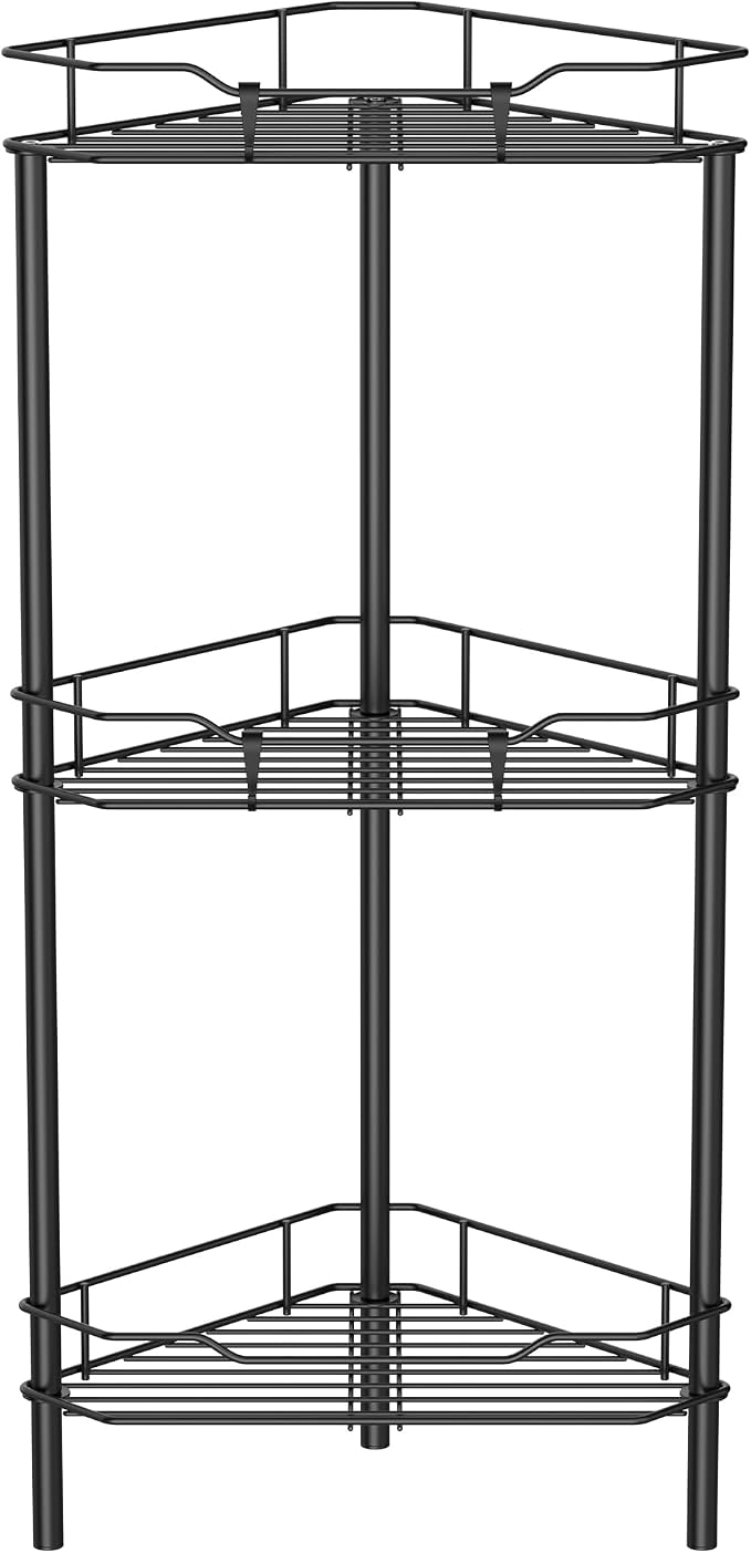 HuggieGems 3 Tier Floor Standing Corner Shower Caddy Organizer Shelf with Hooks, Bathroom Shelves Stand Rack, Black by HuggieGems
