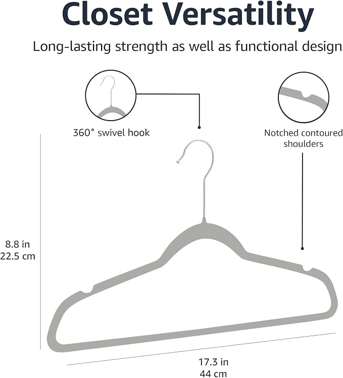 Amazon Basics Slim Velvet Non-Slip Space Saving Suit Clothes Hangers, Closet Organizer, Gray/Silver, 50-Pack - Image 9