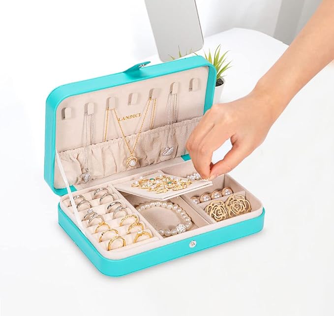 LANDICI Small Jewelry Box for Women Girls, PU Leather Travel Jewelry Organizer Case, Portable Jewellery Storage Holder Display for Ring Earrings Necklace Bracelet Bangle Watch Men Kids Gift, Lake Blue - Image 6