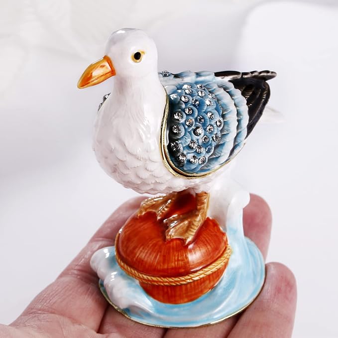 Hand Painted Enamel Seagull Trinket Box for Home Decor, Hinged Jewelry Organizer for Ring Earrings, Unique Figurine Keepsake Collectible Personalized Elegant Handmade Ornament Gifts (White Seagull) - Image 5