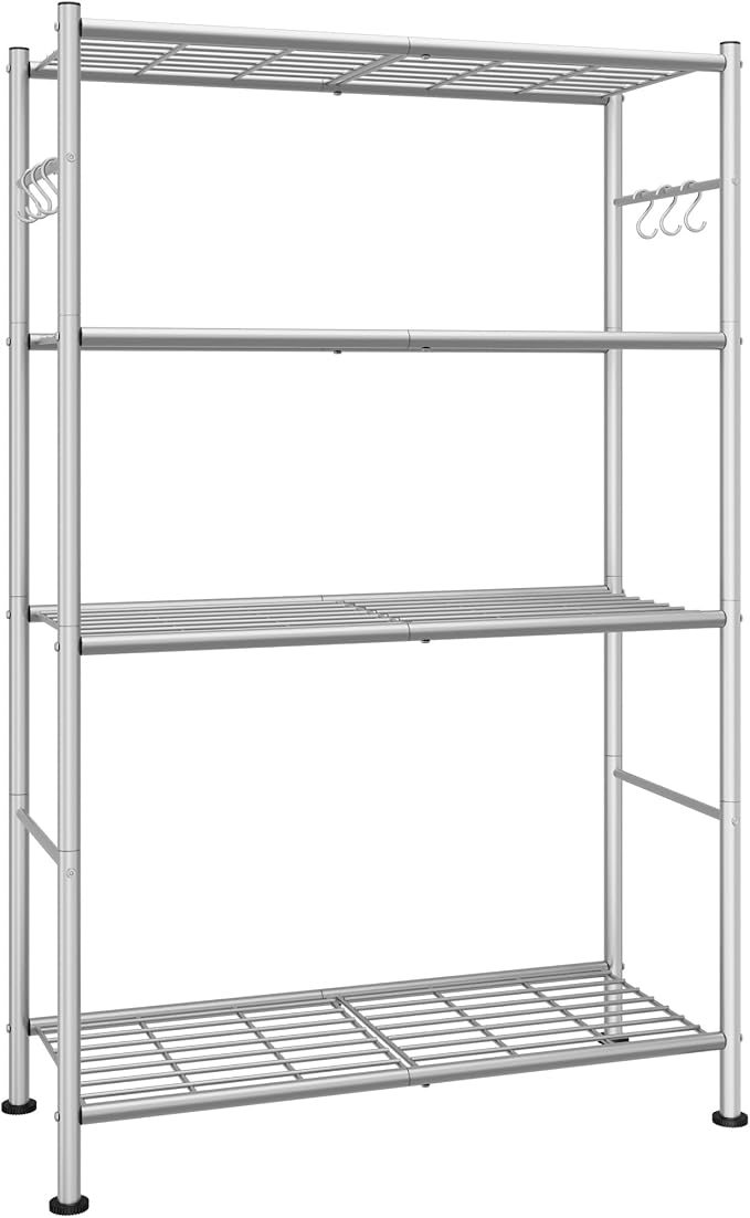 Sakugi Storage Shelves - 4-Tier Spacious Shelf Organizer with Hooks & Leveling Feet, Easy to Assemble, Rust-Resistant Garage Shelving for Kitchen, Pantry, Bedroom, 33.2" x 12.7" x 57.3", Sliver by Sakugi