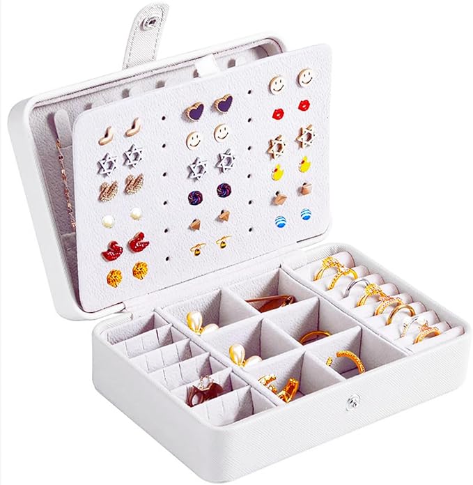 QBestry All-in-One Travel Jewelry Organizer for Women White | Small Jewelry Box with 68 Earring Holes | Compact Portable Jewelry Case for Earrings, Rings, Necklaces | Perfect Gifts for Mom Wife Girls by QBestry
