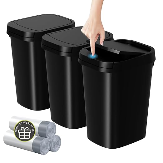 KSSKSS 3 Pack Bathroom Small Trash Can with Lid, 2.6 Gallon Slim Garbage Bin with Pop-Up Lid, 10L Plastic Wastebasket for Bedroom, Office, Kitchen, Toilet (Matte Black) by ksskss