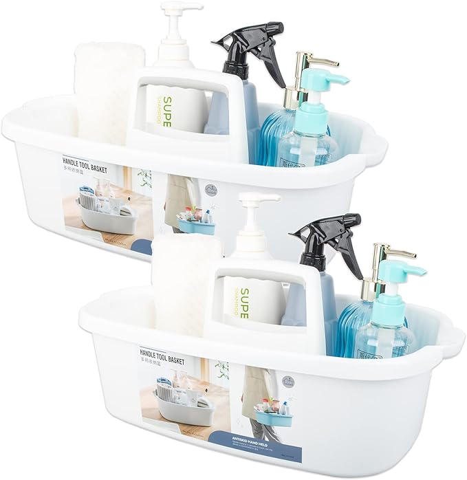 Large Cleaning Supplies Caddy Portable Shower Basket Supply Organizer with Handle Plastic Bucket Tool Storage for Bathroom, Bedroom, Kitchen, College Dorm, Garden, White 2 Pack by JiatuA