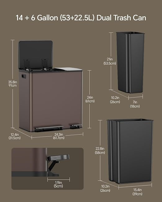 Lovewind Dual Trash and Recycling Bins for Kitchen, 13+6 Gallon Stainless Steel Garbage and Recycle Bin Combo for Large Families, Dual Trash Can with Soft Close Lid & Magnetic Stickers, Brown - Image 2