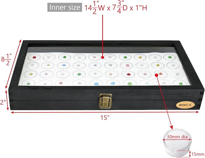 MOOCA Glass Top Black Jewelry Display Case 50 Gem Jars, Ring Box, Jewelry Organizer, Gem jar storage, Glass Display Box, Ring storage White Tray with Gem Jar - Image 2
