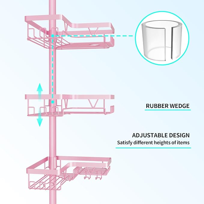 DAOYA Corner Shower Caddy Tension Pole - Pink - Rustproof Adjustable Bathroom Organizer Shelf for Shampoo, 25–114.2 Inch Shower Rack for Renters, Apartments - Image 2