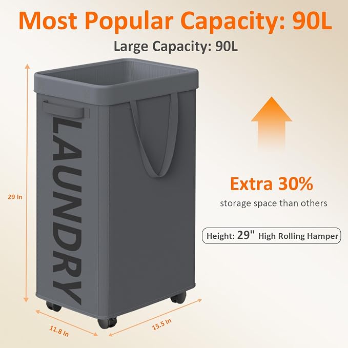 Optish Laundry Basket with Wheels, 90L Rolling Laundry Hamper with Wheels, Large Clothes Hamper on Wheel with Removable Mesh Bag for Bedroom, Bathroom, Dorm, Grey - Image 3