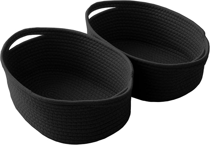 JMvicyroam Woven Basket,Small Rope Storage Bin with Handles & Ribbon Bag, Organizer for Shelves Closets,Gift Basket Empty for Birthday,Books,Dog Toys, Black/2 Pack by JMvicyroam