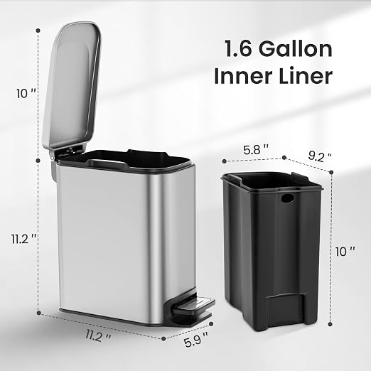 Cesun Small Bathroom Trash Can with Lid Soft Close, Step Pedal, 6 Liter / 1.6 Gallon Stainless Steel Mini Garbage Can for Office, Outdoor Trash Bin with Removable Inner Bucket (Silver) - Image 5