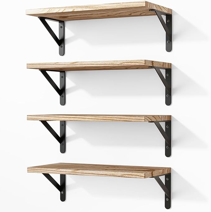 Fixwal Floating Shelves for Wall, Wood Wall Mounted Shelves for Bedroom, Bathroom, Living Room, Kitchen Storage and Decor(Rustic Brown, Set of 4, 16.5 Inch) by Fixwal