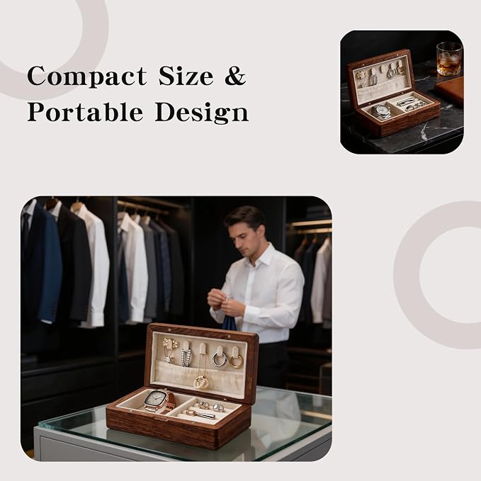 Small Wooden Jewelry Box | Versatile Mens Jewelry Box with Earring & Ring Organizer for Travel & Vanity Display - Image 4
